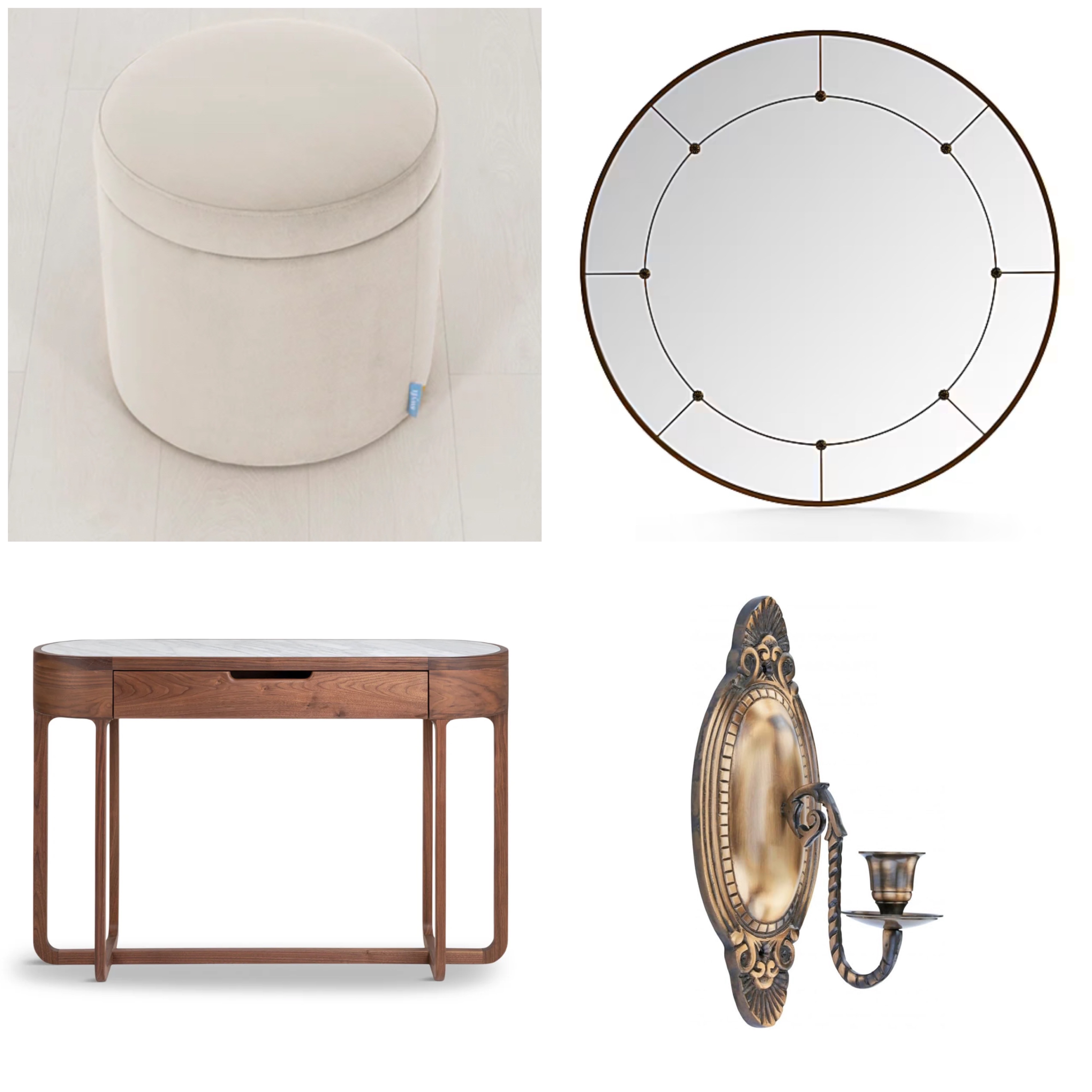 Entryway mood board with walnut wood and brass accents